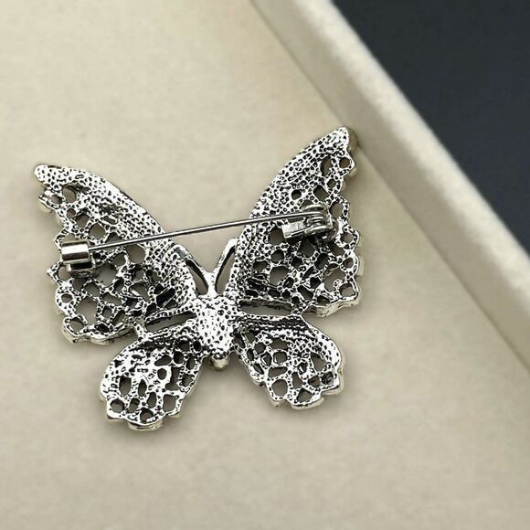 Silver with Onyx and White Diamond Crystal Filigree Butterfly Pin Back Brooch - Picture 5 of 7